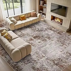 Washable 9x12 Area Rug for Living Room: Modern Abstract Neutral Large Soft Thin Rugs - Non Slip Indoor Carpet for Bedroom Dinin