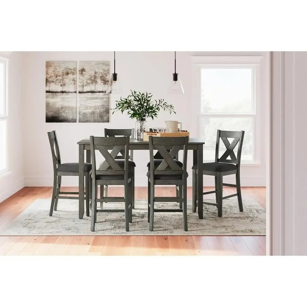 7-Piece Gray Counter Height Dining Table Set with Upholstered Bar Stools Casual Flair
