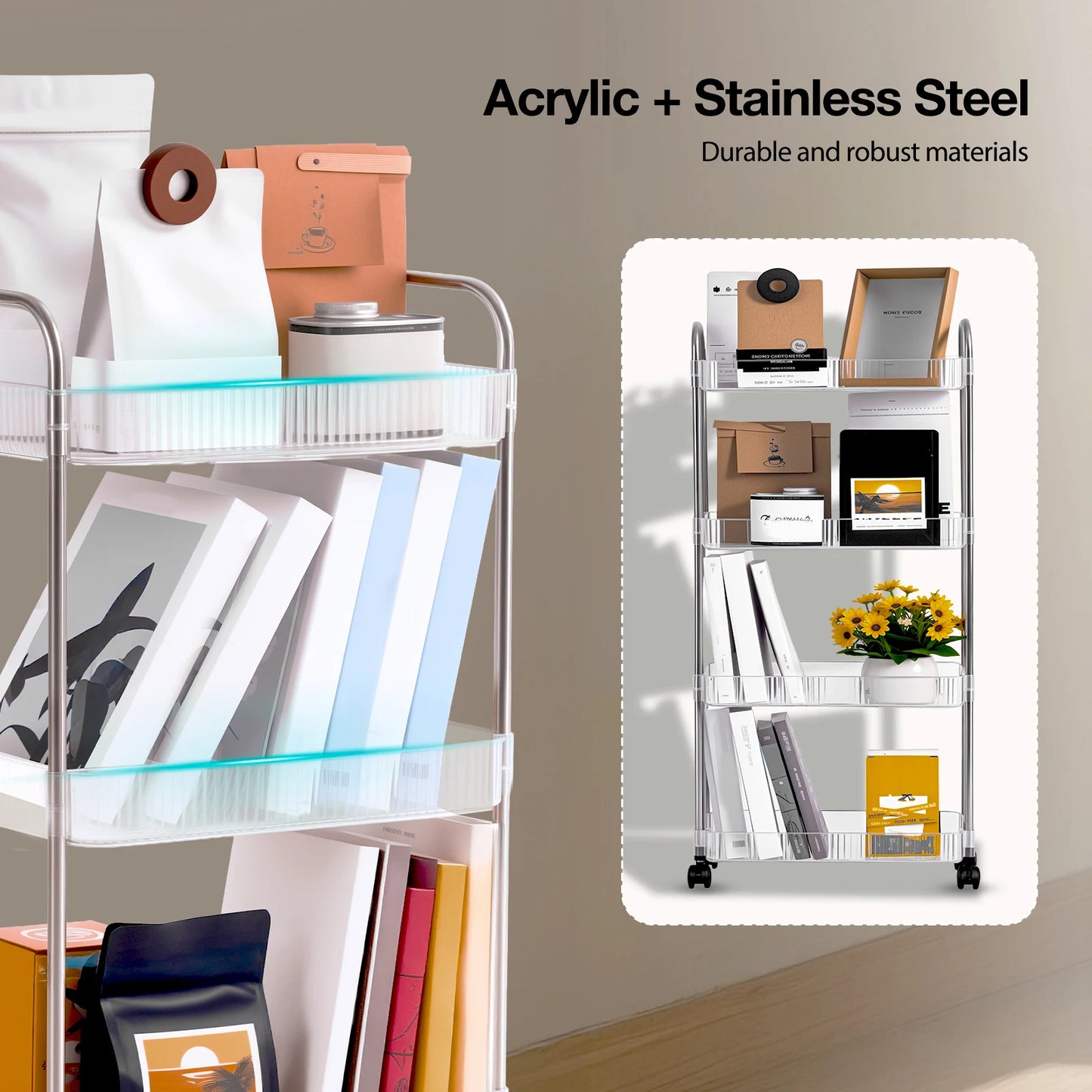 4 Tier Acrylic Shelf Organizer - Heavy Duty 50lbs Capacity & No Tools Assembly, Space Saving Storage Rack with Adjustable Laye