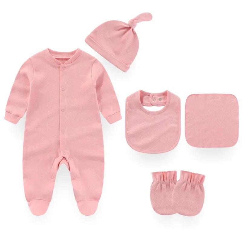 7 Colors Solid Unisex Baby Boy Girl Romper+Burp Cloth+Bib+Hats+Gloves Baby Clothing Sets