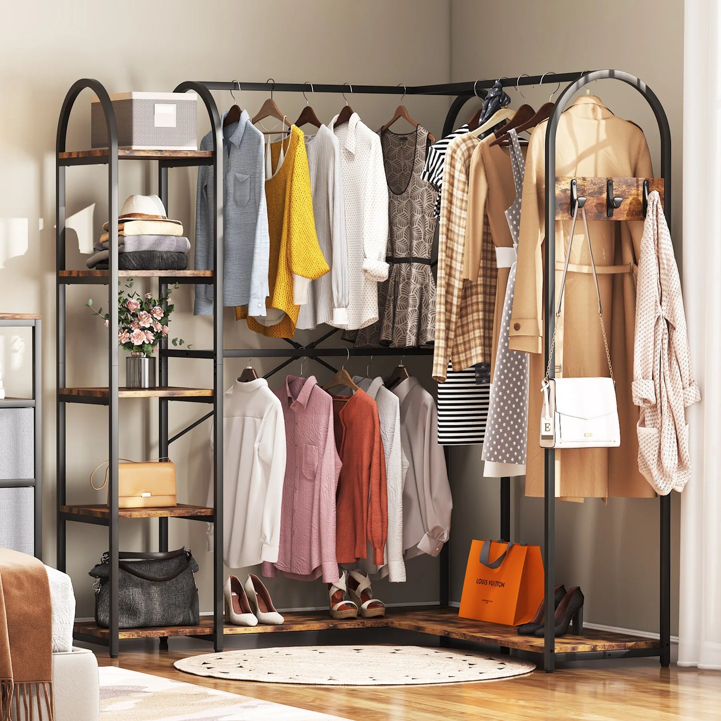 Tribesigns L Shape Corner Clothes Rack With Storage Shelves