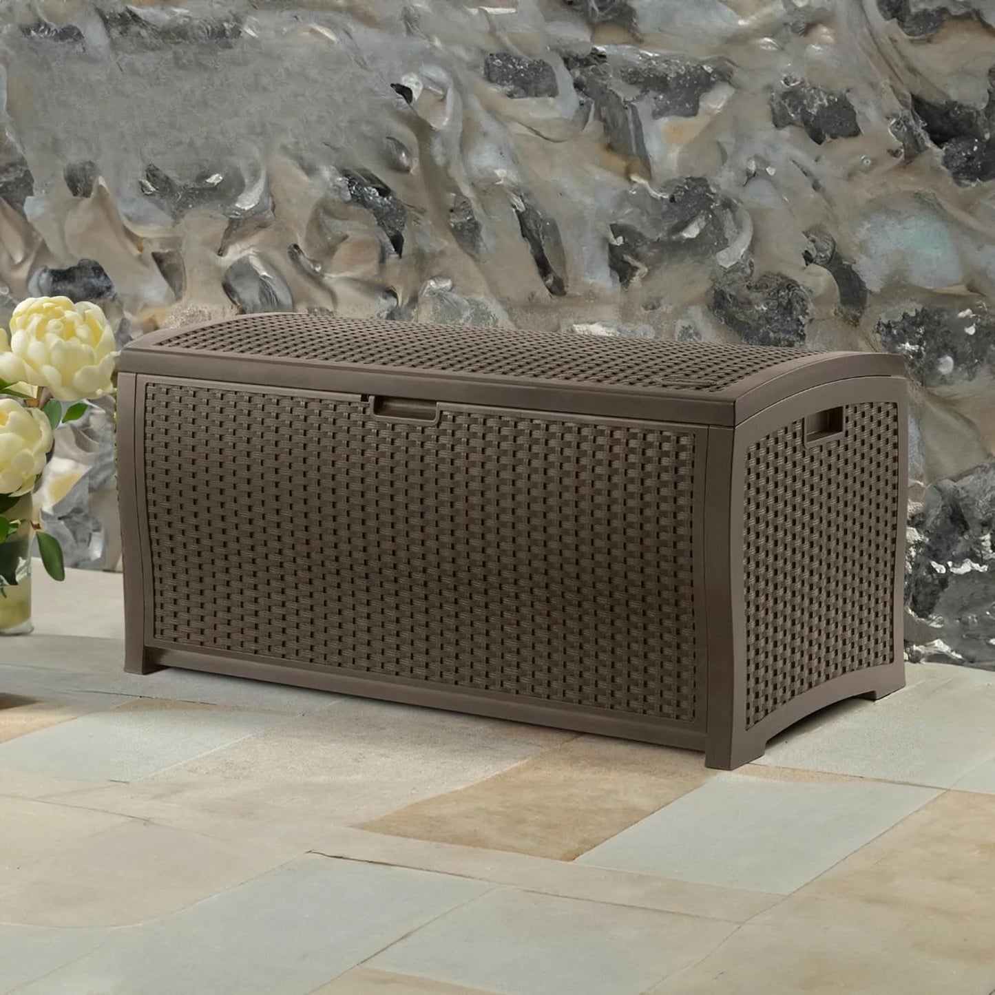 99 Gallon Plastic Wicker Deck Box Container Storage for Garden, Garage, Home, Pool, Indoor and Outdoor Use, Mocha (2 Pack)