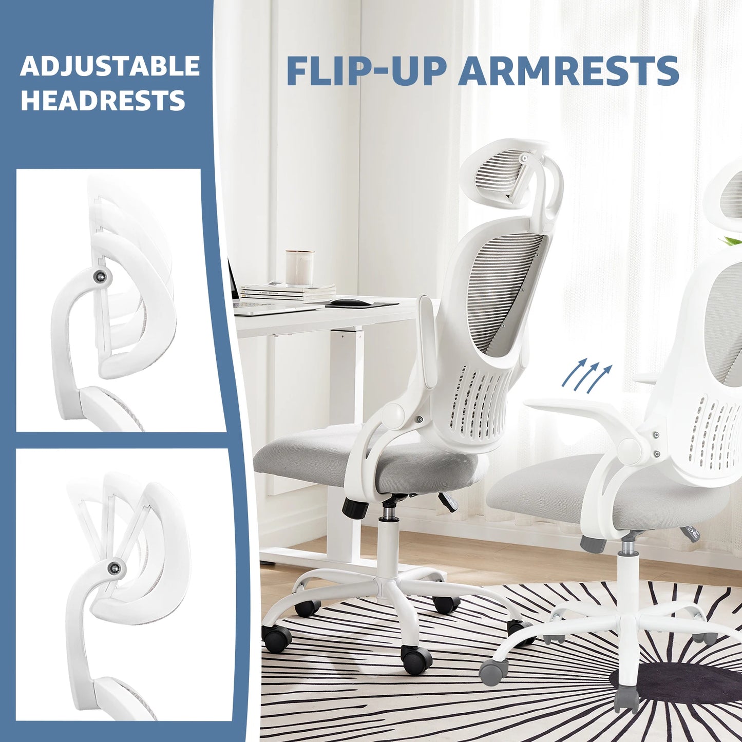 JHKErgonomics Mesh Ergonomic Office Chair Flip Up Headrest