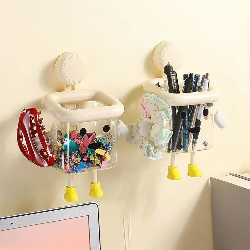1pc Cartoon Bathroom Toothbrush Holder, Wall-Mounted No-Drill Suction Cup Storage Box, Cute Home Decor Plastic Organizer