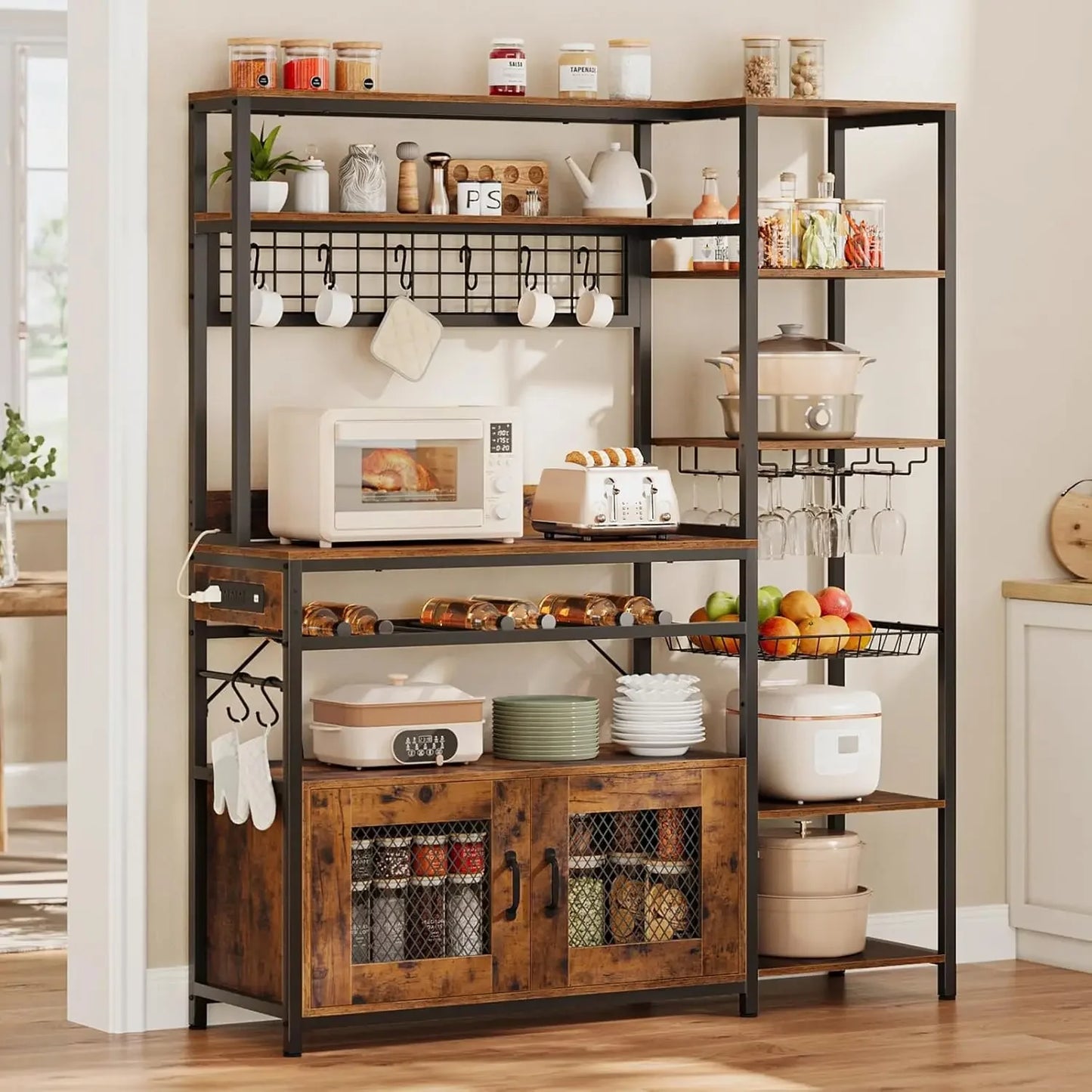 47.2in Microwave Stand with Storage Shelves,  Bakers Rack with Power Outlet,Coffee Bar with Cabinet, Kitchen Pantry Hutch