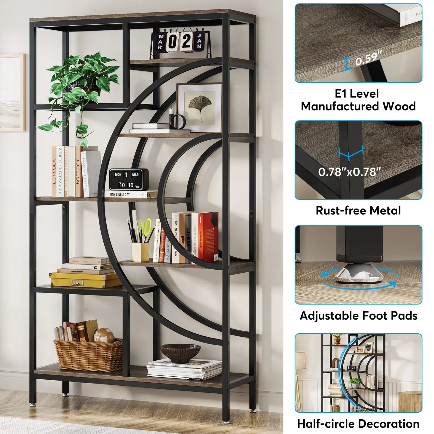 Tribesigns Geometric Bookcase 8 Tier Rustic Metal Frame