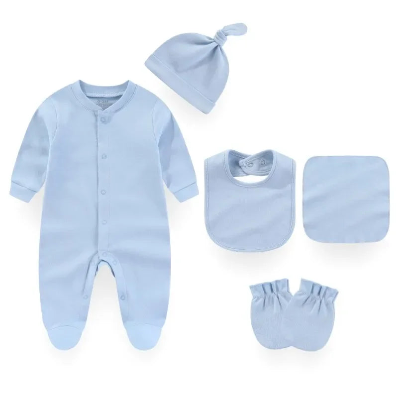 7 Colors Solid Unisex Baby Boy Girl Romper+Burp Cloth+Bib+Hats+Gloves Baby Clothing Sets