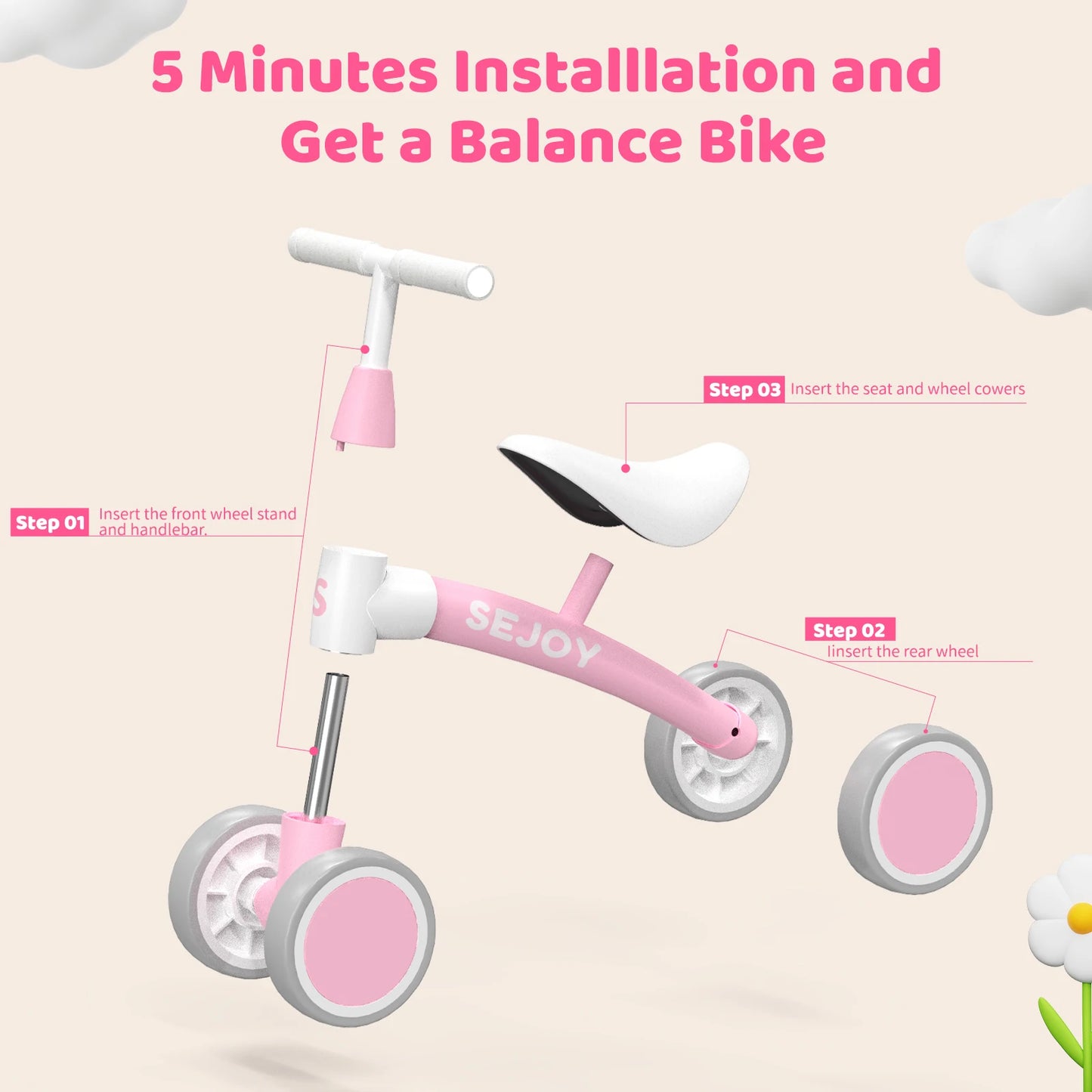 Sejoy Toddler Riding Toy Baby Balance Bike for 12-36 Month 4 Wheels Toddler First Bike,Birthday Gifts Boys Girls,Green/Pink
