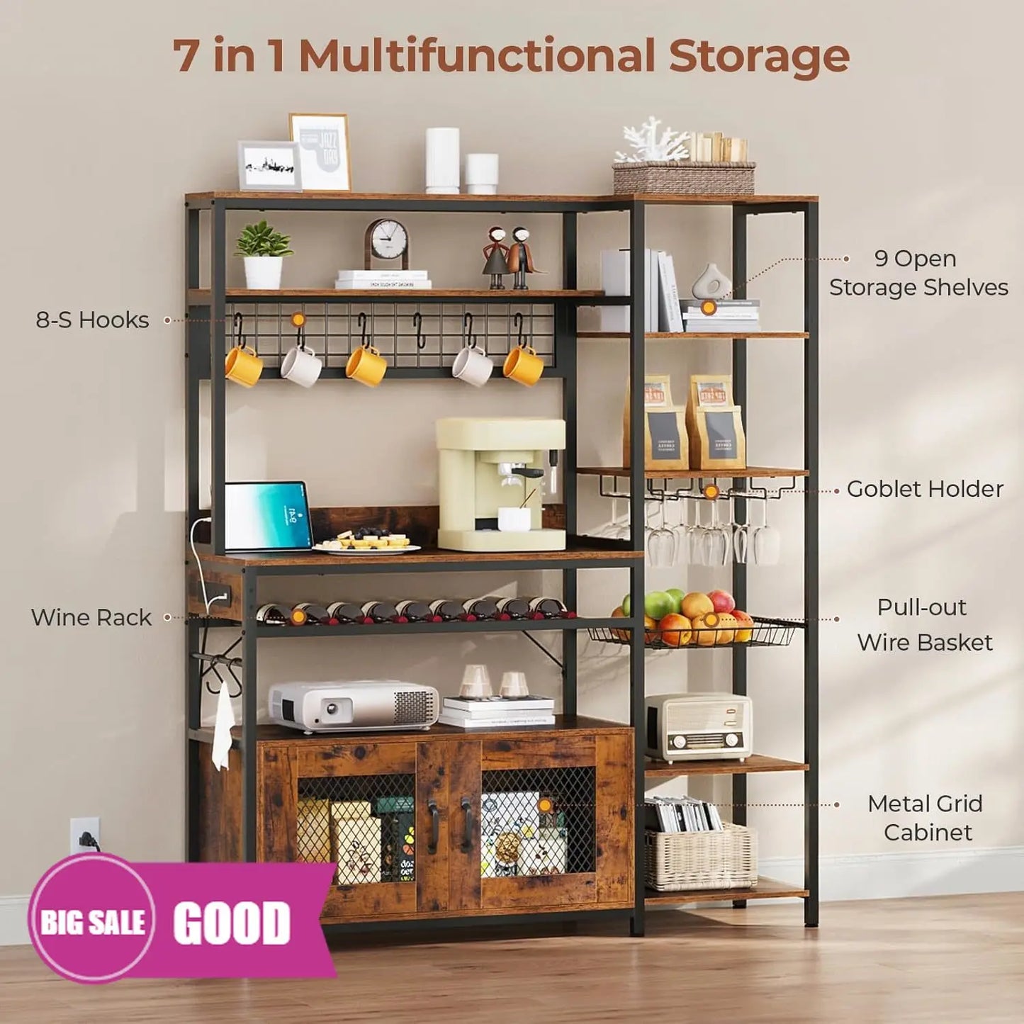 47.2in Microwave Stand with Storage Shelves,  Bakers Rack with Power Outlet,Coffee Bar with Cabinet, Kitchen Pantry Hutch