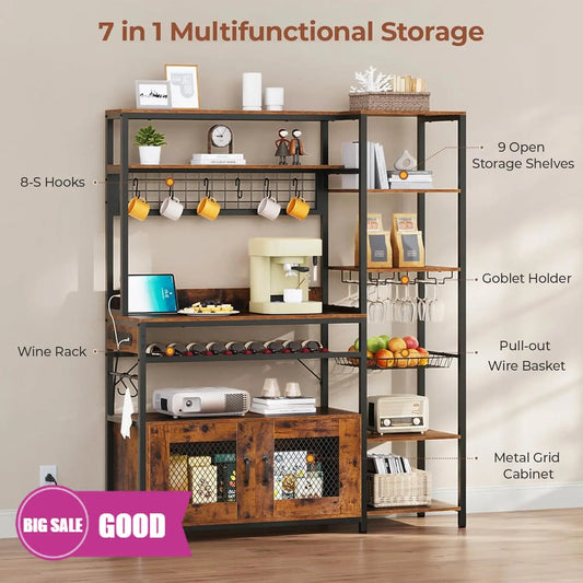 47.2in Microwave Stand with Storage Shelves,  Bakers Rack with Power Outlet,Coffee Bar with Cabinet, Kitchen Pantry Hutch