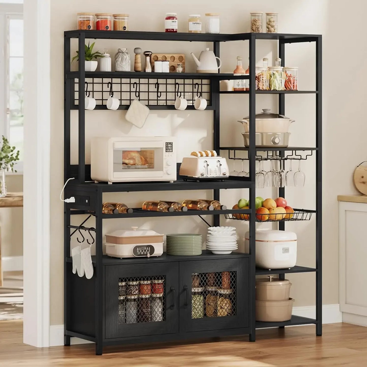 47.2in Microwave Stand with Storage Shelves,  Bakers Rack with Power Outlet,Coffee Bar with Cabinet, Kitchen Pantry Hutch