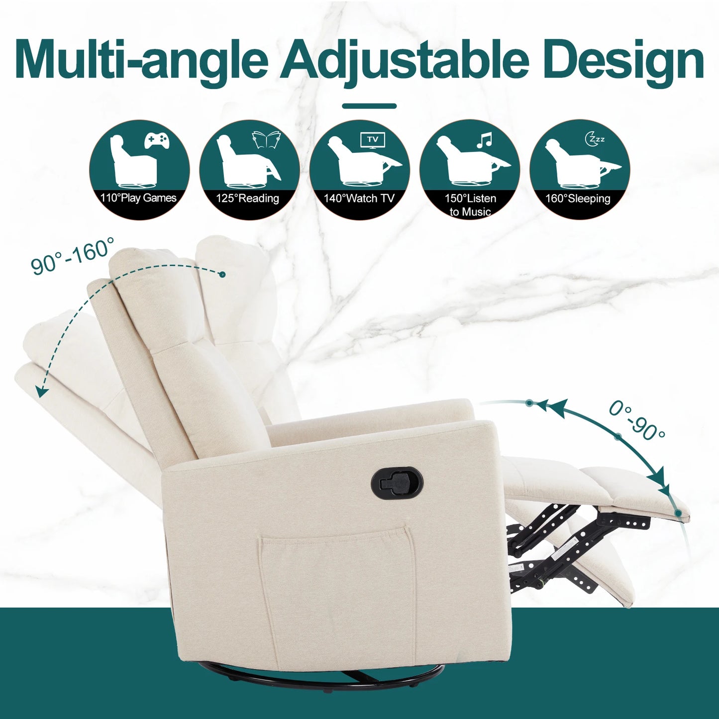 JHK Rotating Rocking Chair Recliner With Oversized Footrest