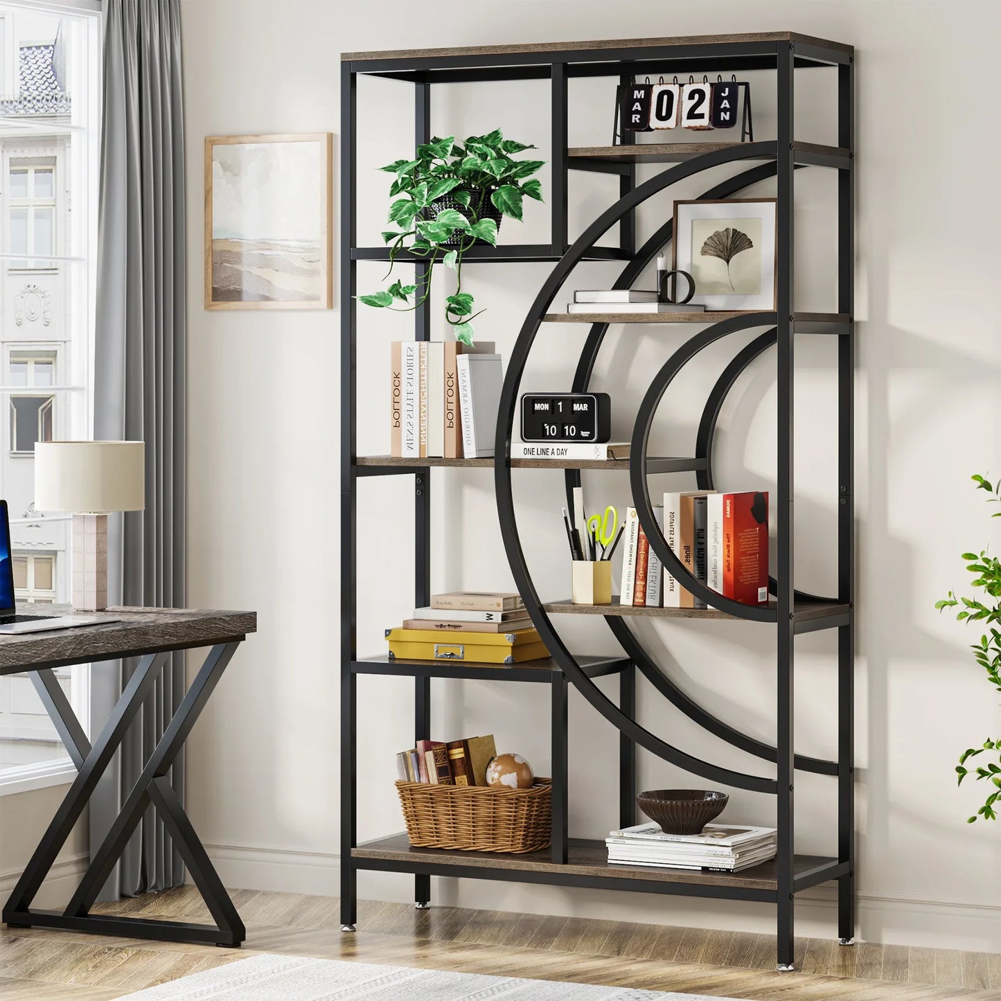 Tribesigns Geometric Bookcase 8 Tier Rustic Metal Frame