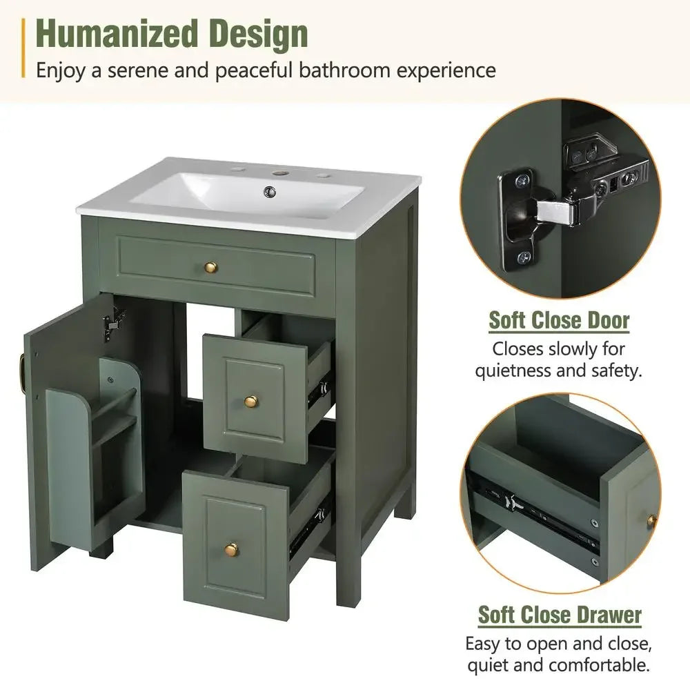 24 Inch Bathroom Vanity Ceramic Sink Soft Close Door Drawers Storage Racks Overflow Protection Durable Wood Modern Elegance Easy