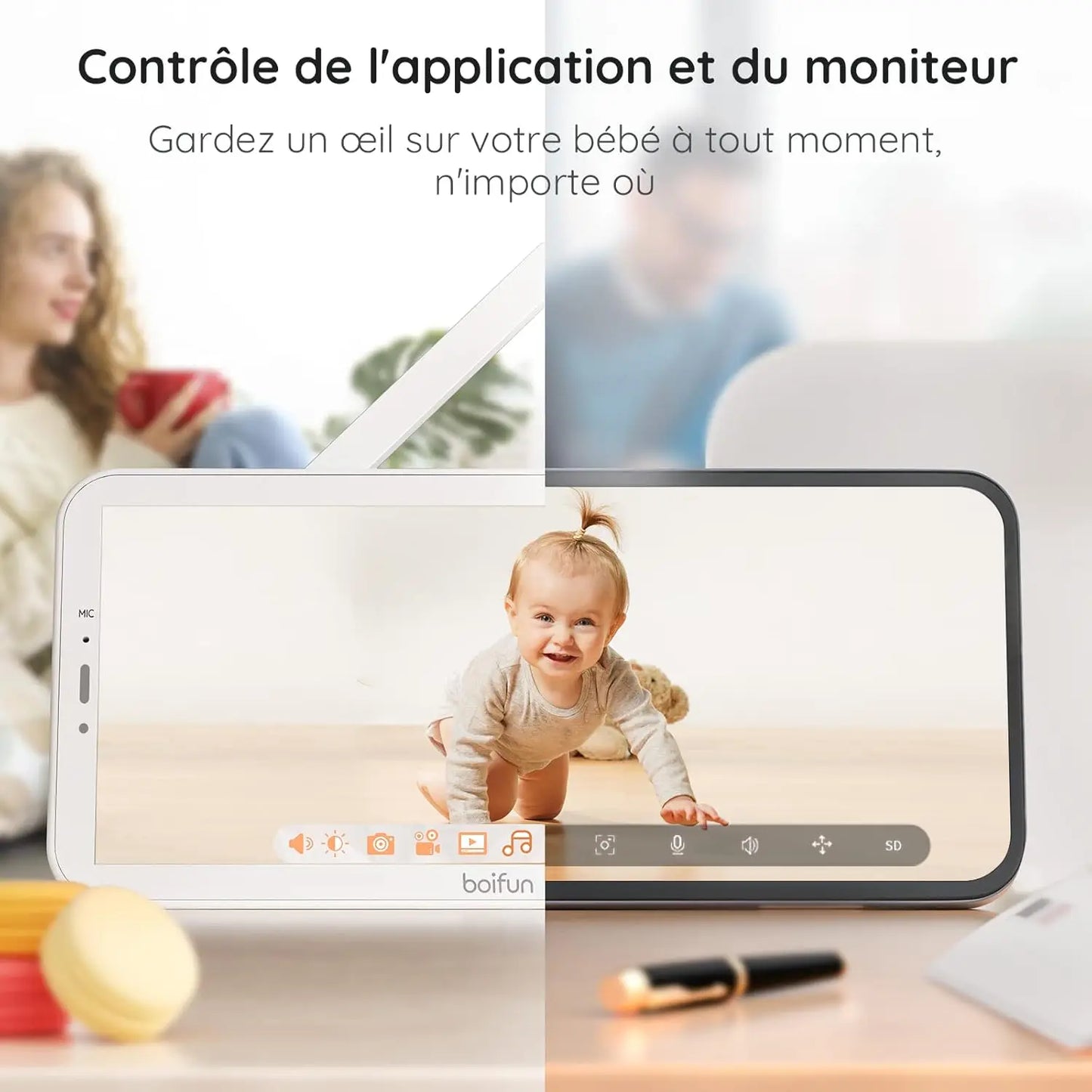 Boifun 5" Baby Monitor, 1080p WiFi Baby Monitor Via Screen and App Control, Video Record & Playback,  Night Vision, 2-Way Audio