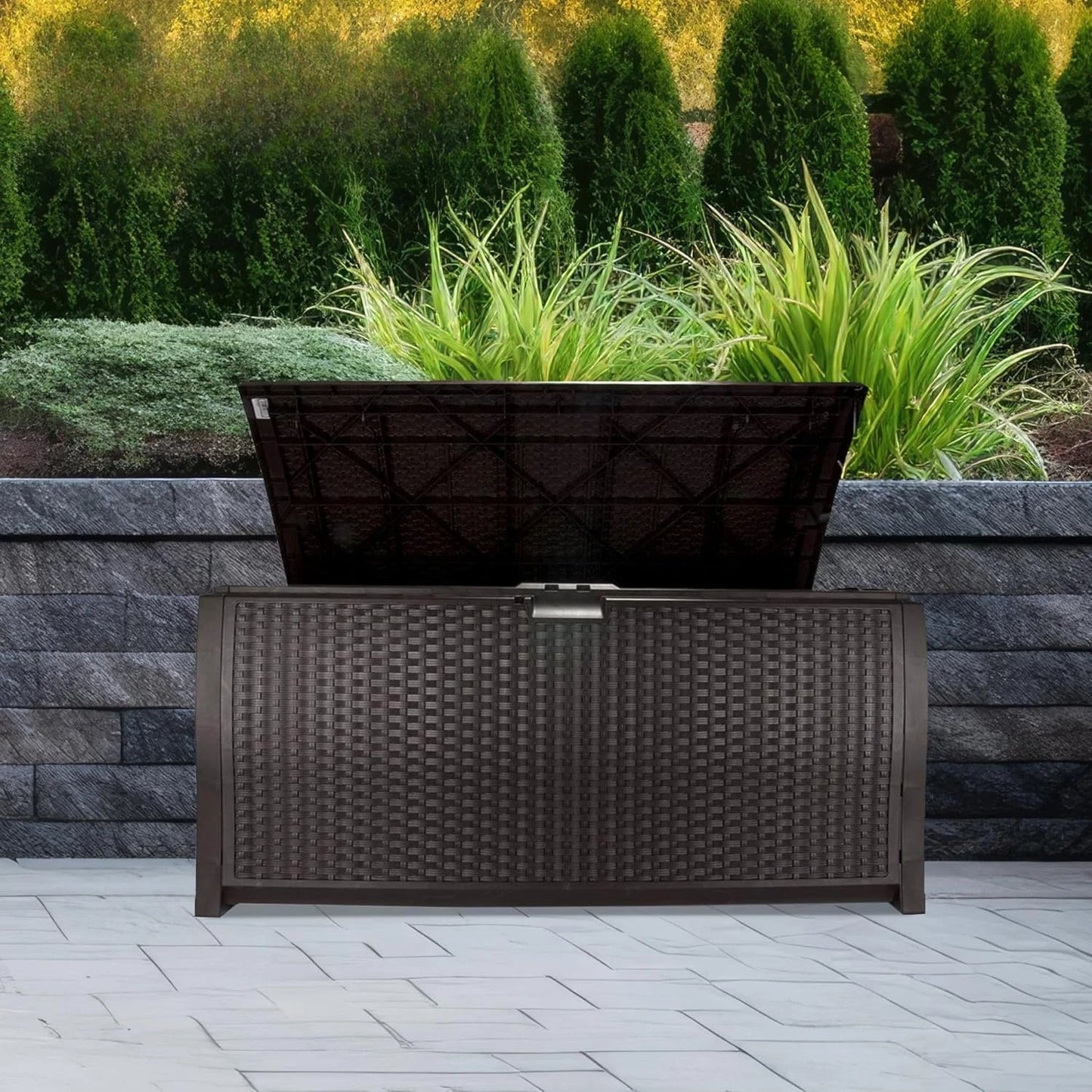 99 Gallon Plastic Wicker Deck Box Container Storage for Garden, Garage, Home, Pool, Indoor and Outdoor Use, Mocha (2 Pack)