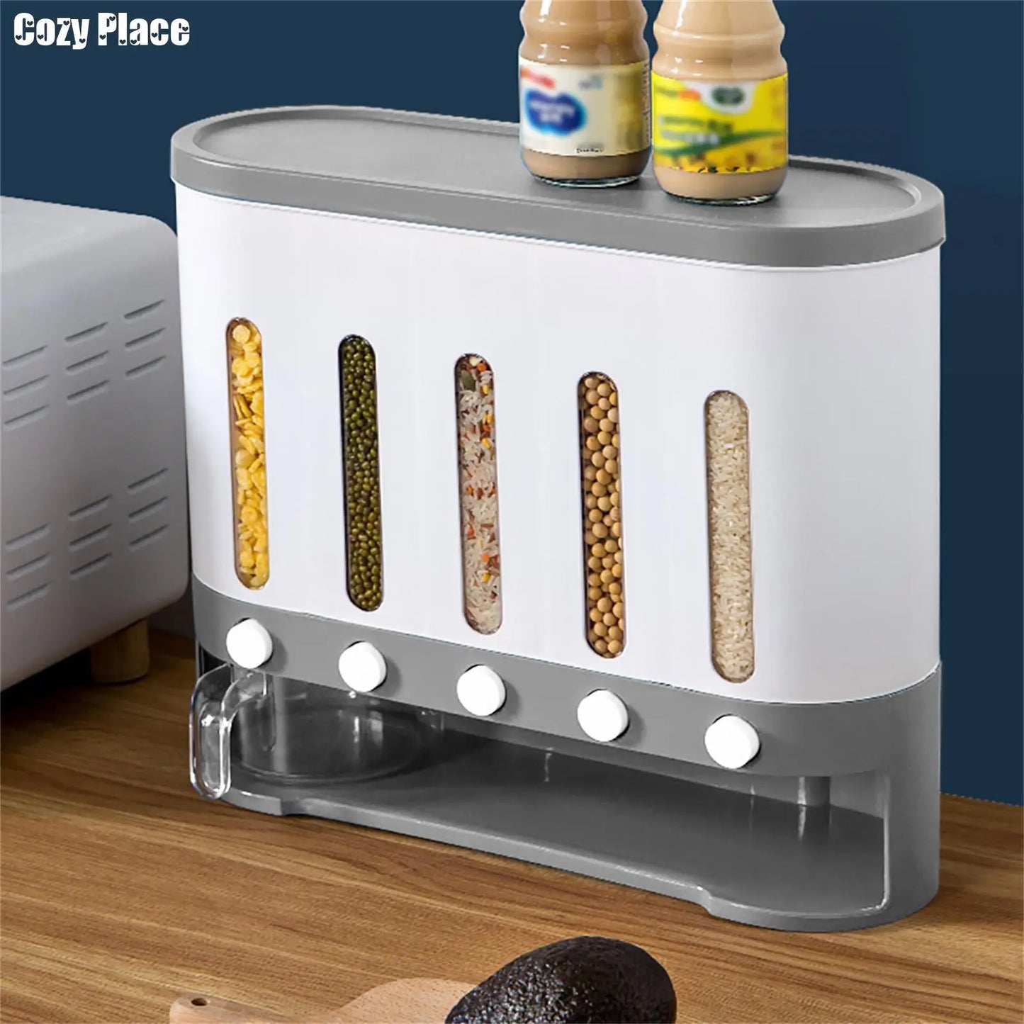 Wall Mounted Cereal Dispenser 5 Grid Dry Food Storage