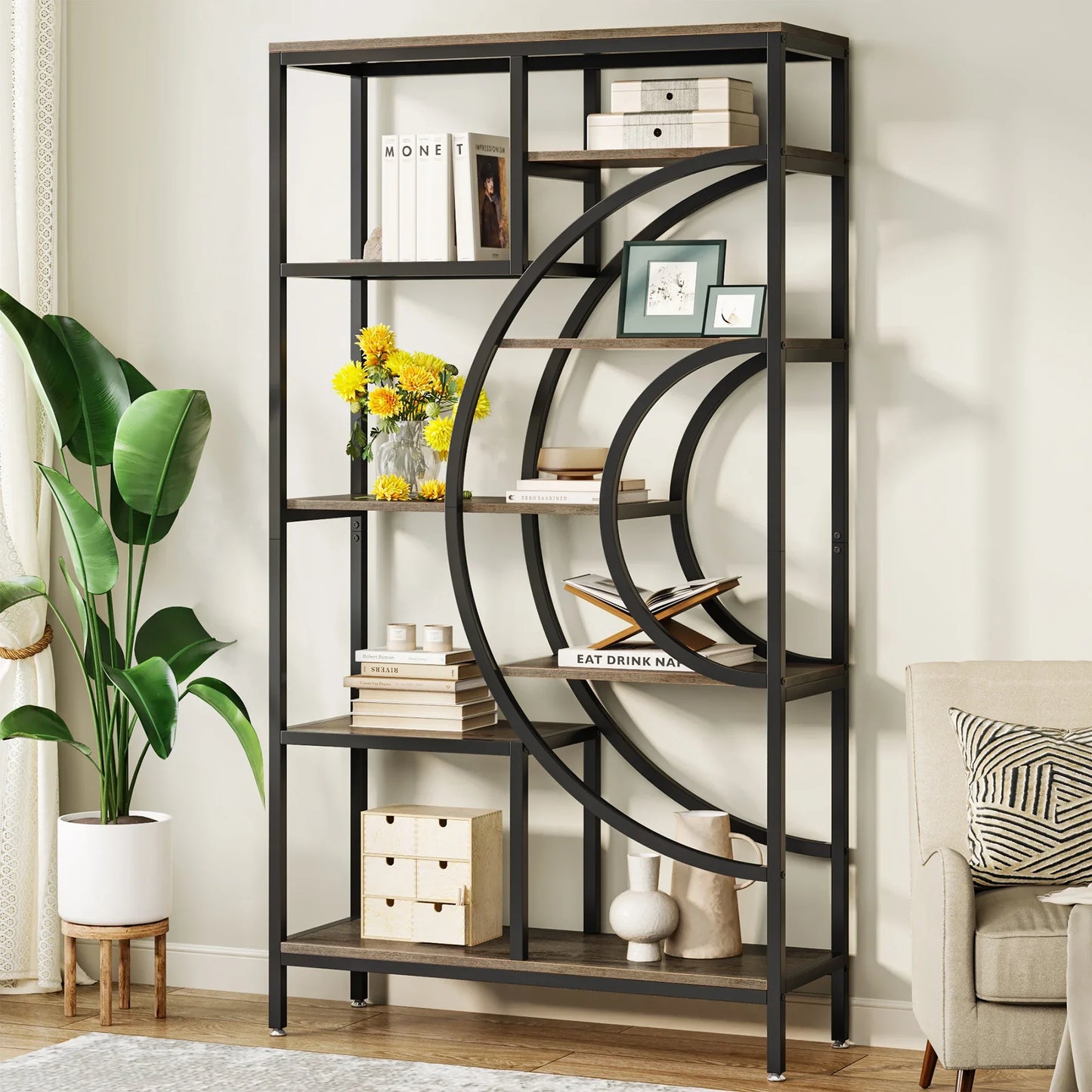 Tribesigns Geometric Bookcase 8 Tier Rustic Metal Frame