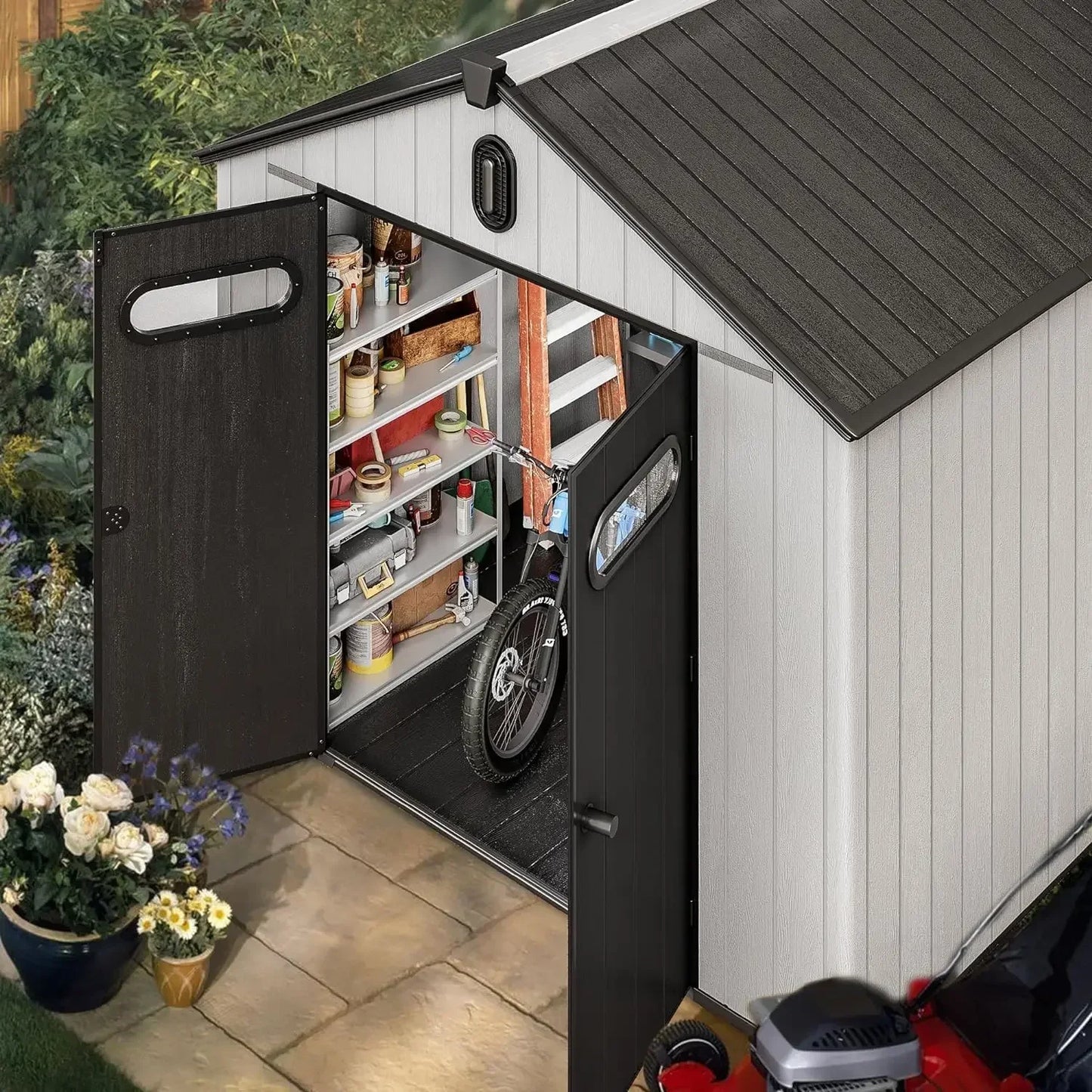 XMSJ Outdoor Resin Storage Shed With Floor Lockable Door