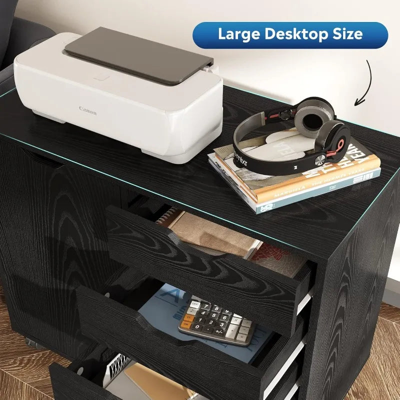 5-Drawer Wood Dresser Chest with Door, Mobile Storage Cabinet, Printer Stand for Home Office, Black