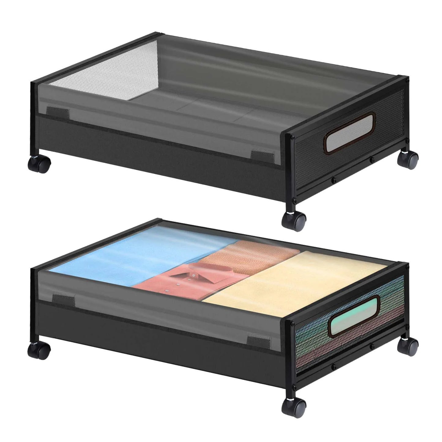 2-Pack Under Bed Storage Basket with Wheels Lids, Foldable Steel Frame Underbed Storage Bin Containers For Bedroom Dressing Room