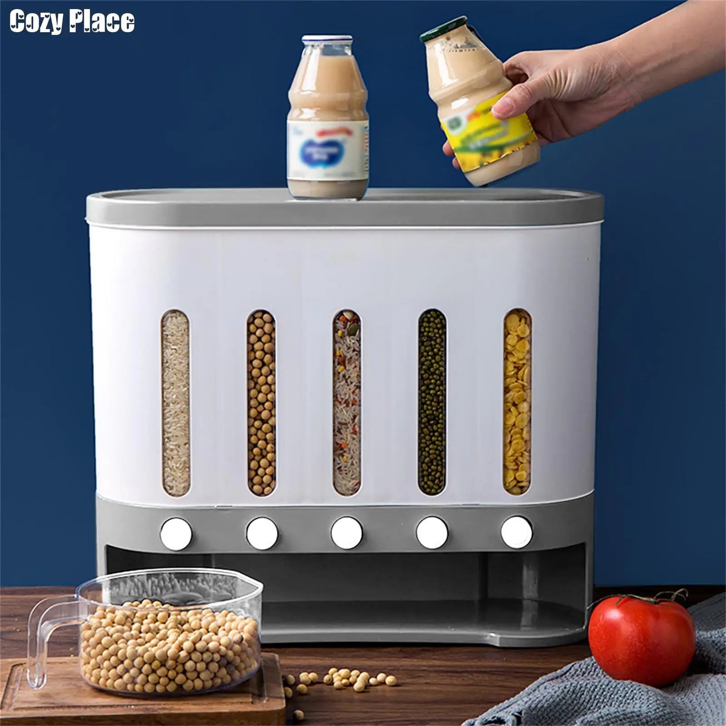 Wall Mounted Cereal Dispenser 5 Grid Dry Food Storage