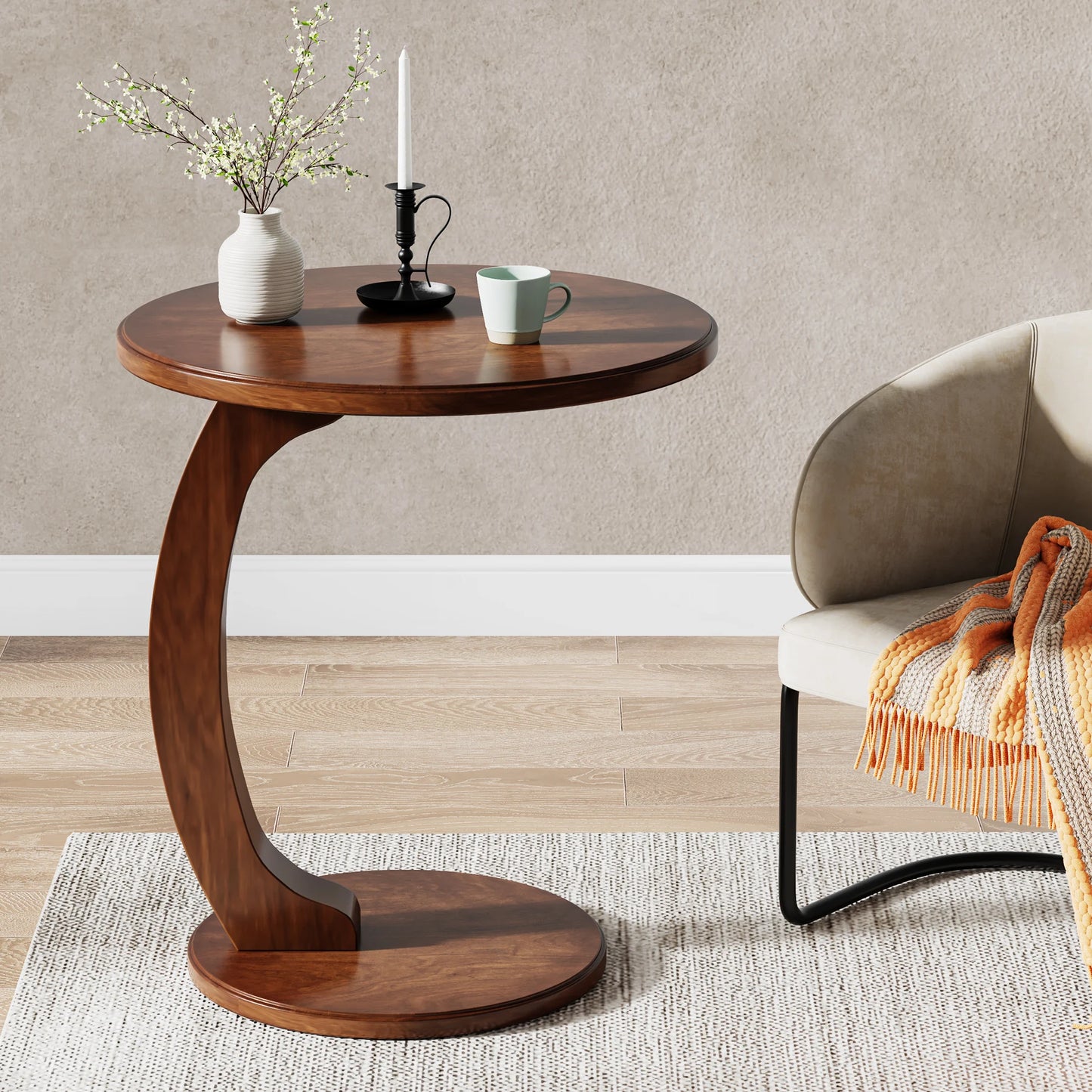 Tribesigns Round End Table Wood C Shaped Side Table