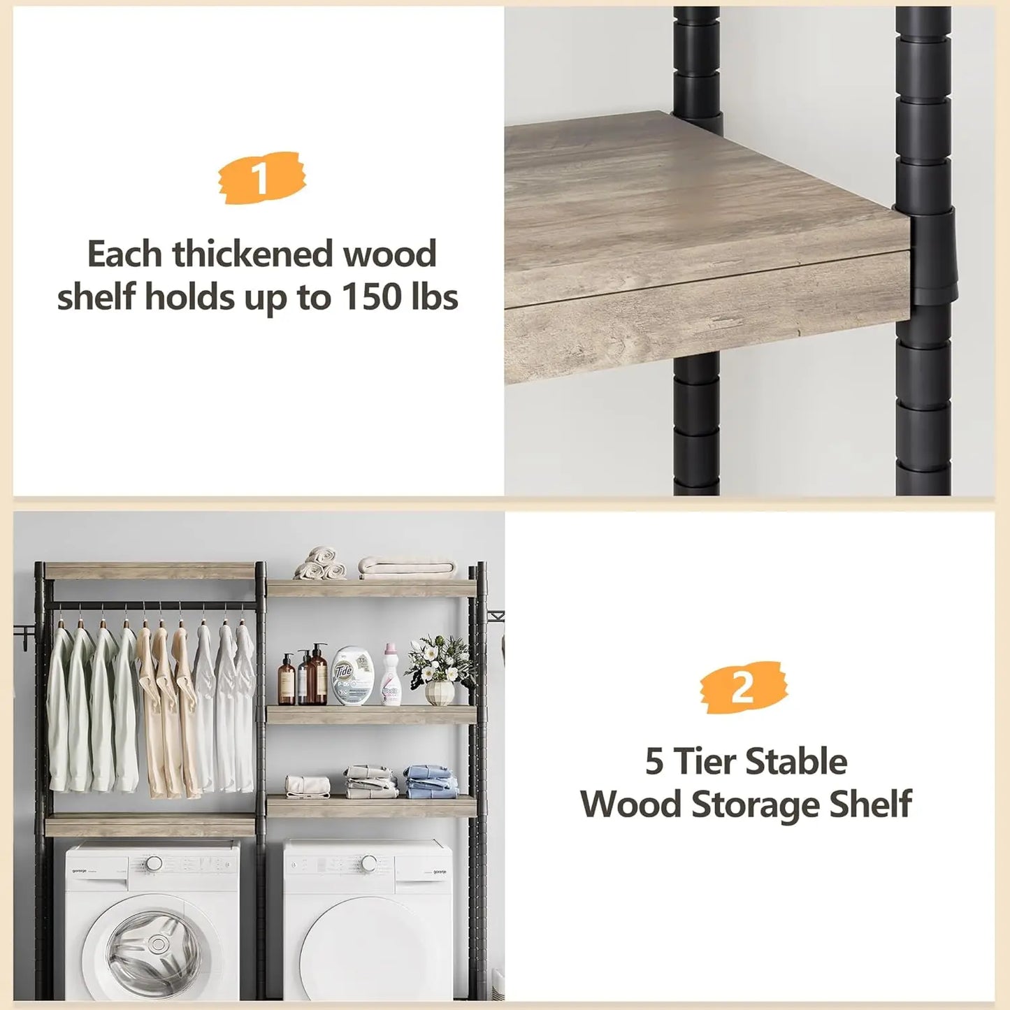 Hign-concerned 5 Tier Wood Washer Dryer Storage Shelf