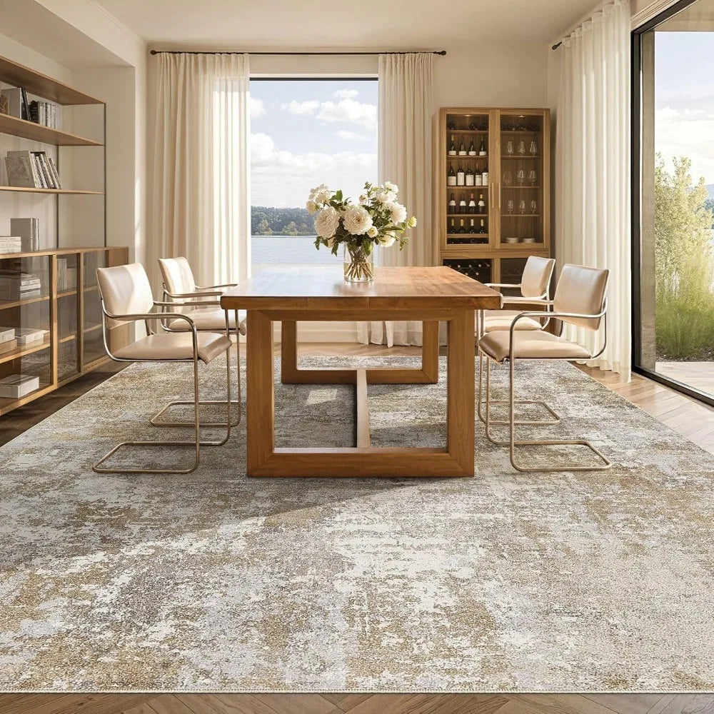 Washable 9x12 Area Rug for Living Room: Modern Abstract Neutral Large Soft Thin Rugs - Non Slip Indoor Carpet for Bedroom Dinin
