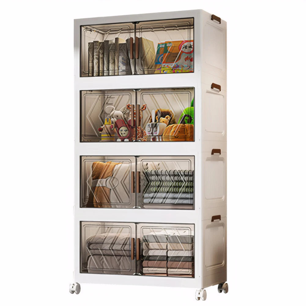 4 Tier Stackable Storage Bins with Lids with Doors & Wheels Foldable Organization Storage Drawer for Living Room Bedroom Office