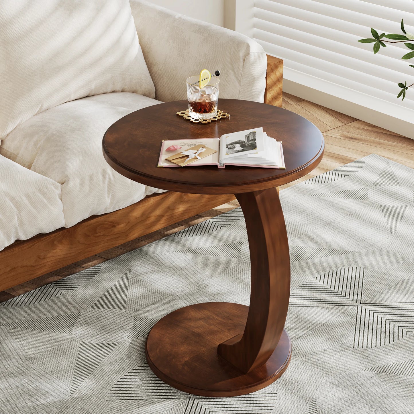 Tribesigns Round End Table Wood C Shaped Side Table