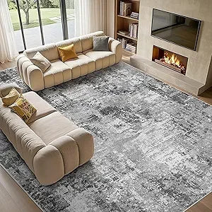 Washable 9x12 Area Rug for Living Room: Modern Abstract Neutral Large Soft Thin Rugs - Non Slip Indoor Carpet for Bedroom Dinin
