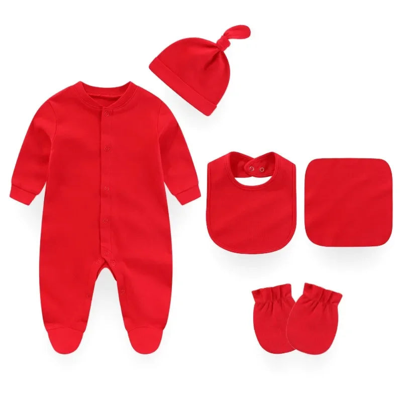 7 Colors Solid Unisex Baby Boy Girl Romper+Burp Cloth+Bib+Hats+Gloves Baby Clothing Sets