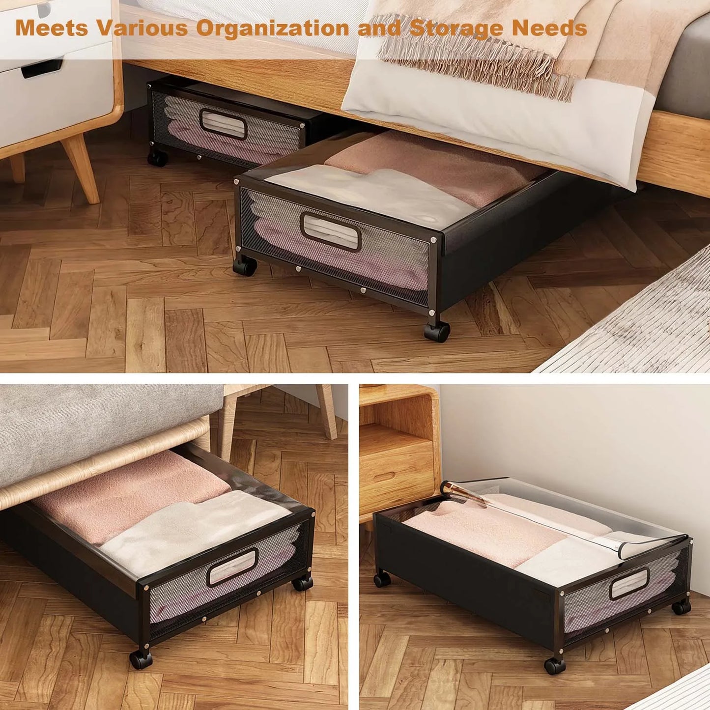 2-Pack Under Bed Storage Basket with Wheels Lids, Foldable Steel Frame Underbed Storage Bin Containers For Bedroom Dressing Room