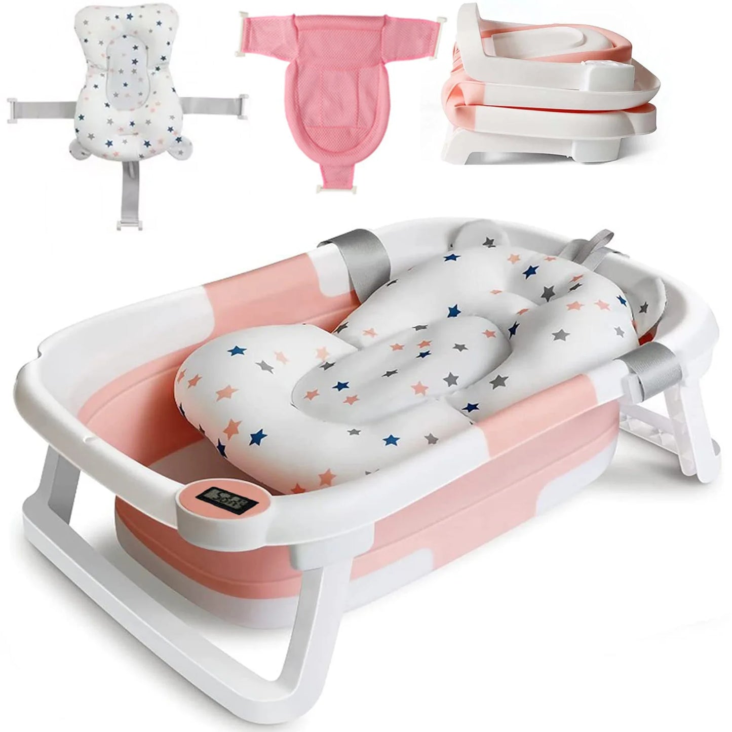 Infant Bathtub With Cushion Foldable Thermometer Shower Cap