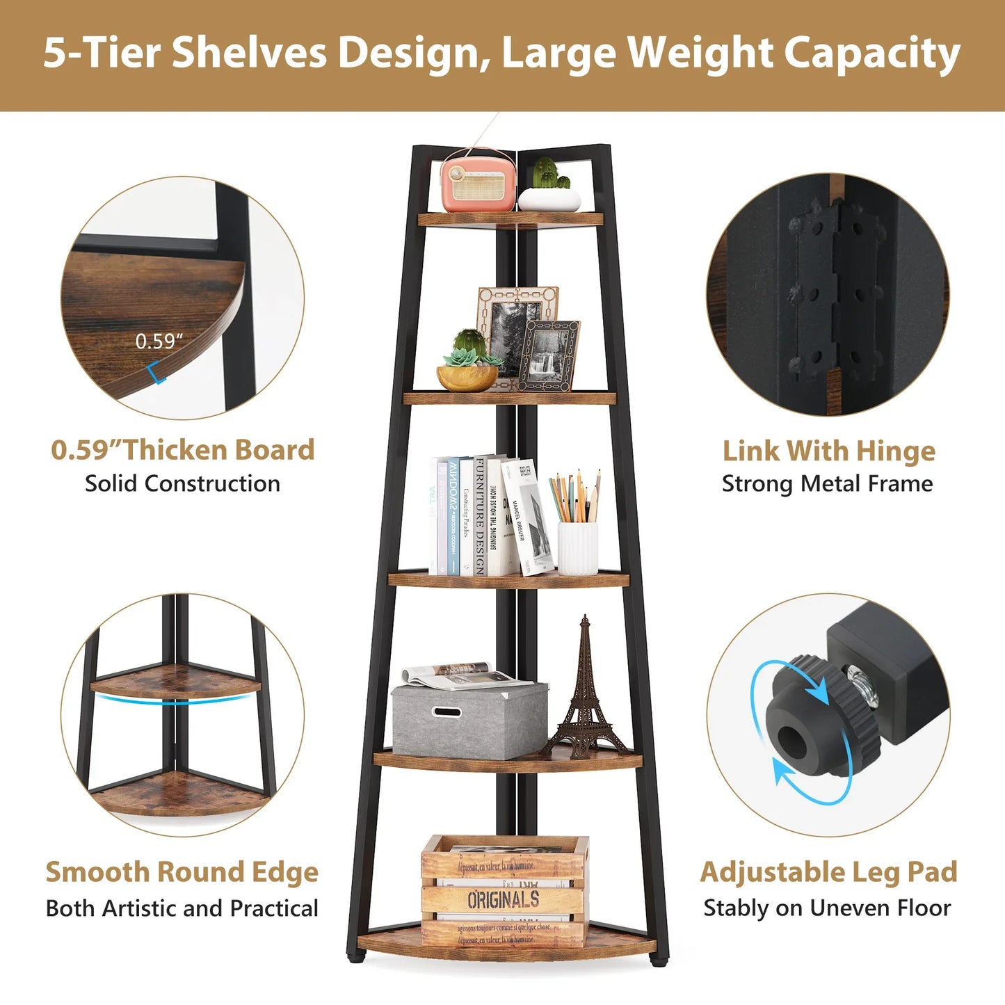 Tribesigns Corner Bookcase Wood Bookshelf 5 Tier Storage