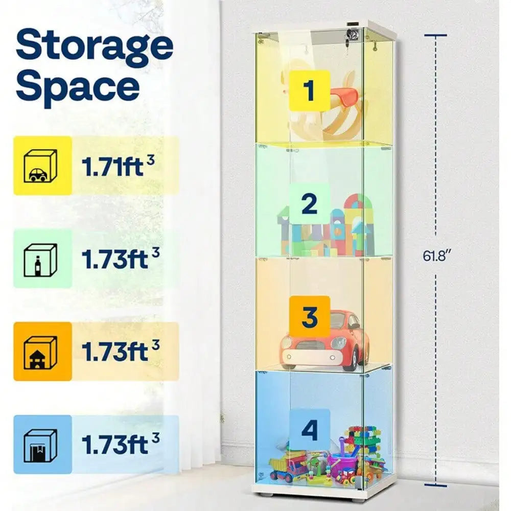 4 Shelf Glass Display Cabinet Glass Curio Cabinet Bookshelf Showcase with Lock