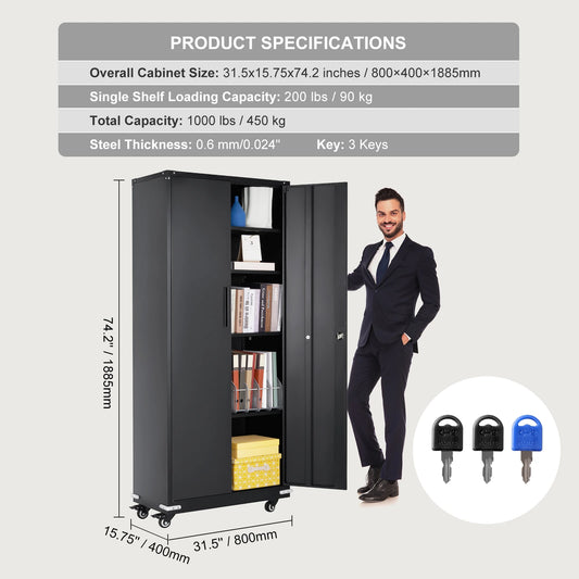 VEVOR 200 lbs Metal Storage Cabinet Organizer with Wheels Adjustable Shelves Cabinet Black for Home Office Garage