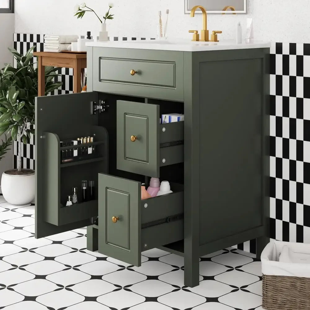 24 Inch Bathroom Vanity Ceramic Sink Soft Close Door Drawers Storage Racks Overflow Protection Durable Wood Modern Elegance Easy
