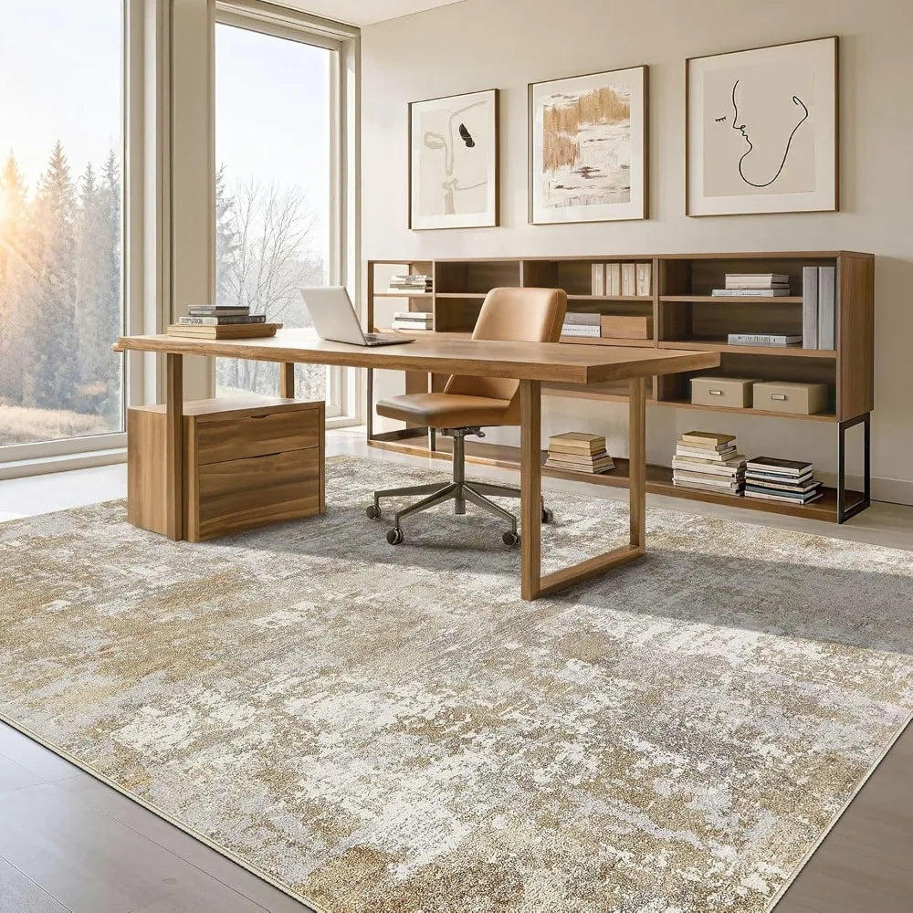 Washable 9x12 Area Rug for Living Room: Modern Abstract Neutral Large Soft Thin Rugs - Non Slip Indoor Carpet for Bedroom Dinin