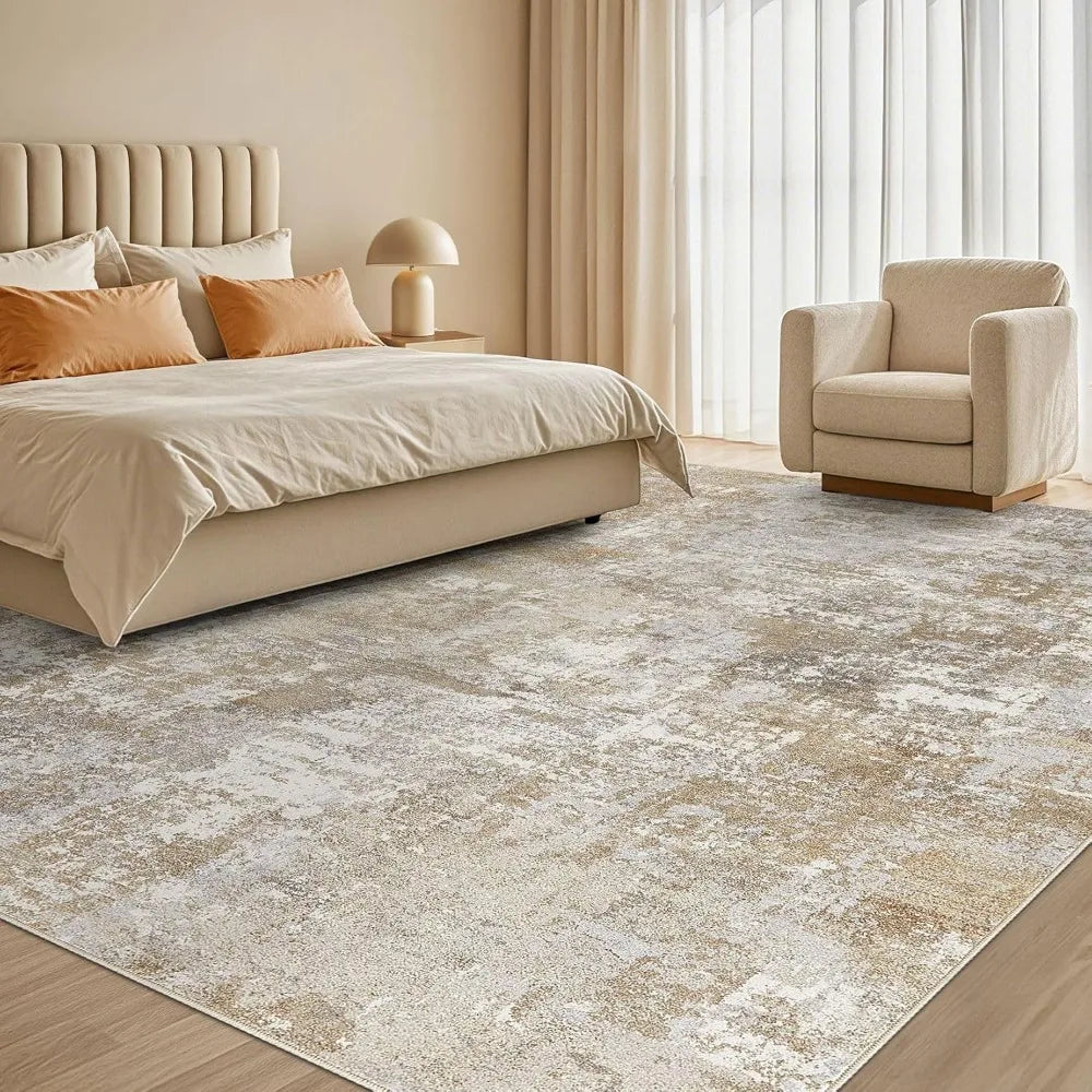 Washable 9x12 Area Rug for Living Room: Modern Abstract Neutral Large Soft Thin Rugs - Non Slip Indoor Carpet for Bedroom Dinin