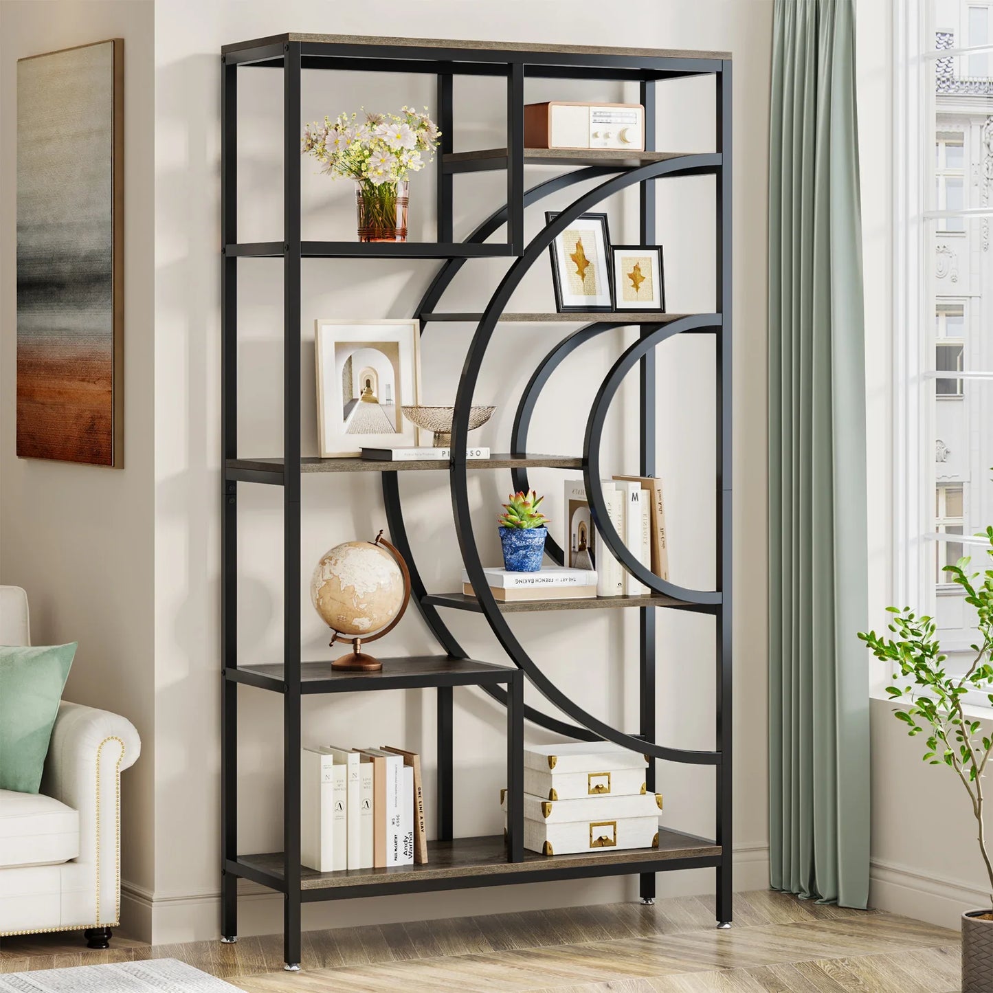 Tribesigns Geometric Bookcase 8 Tier Rustic Metal Frame