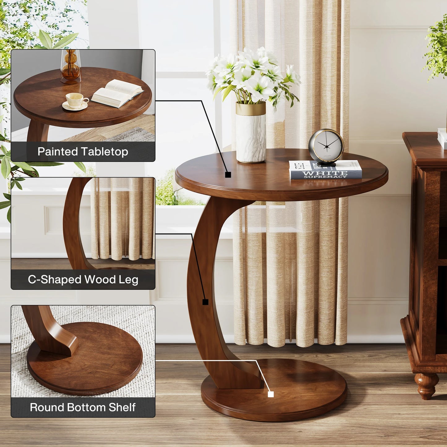 Tribesigns Round End Table Wood C Shaped Side Table
