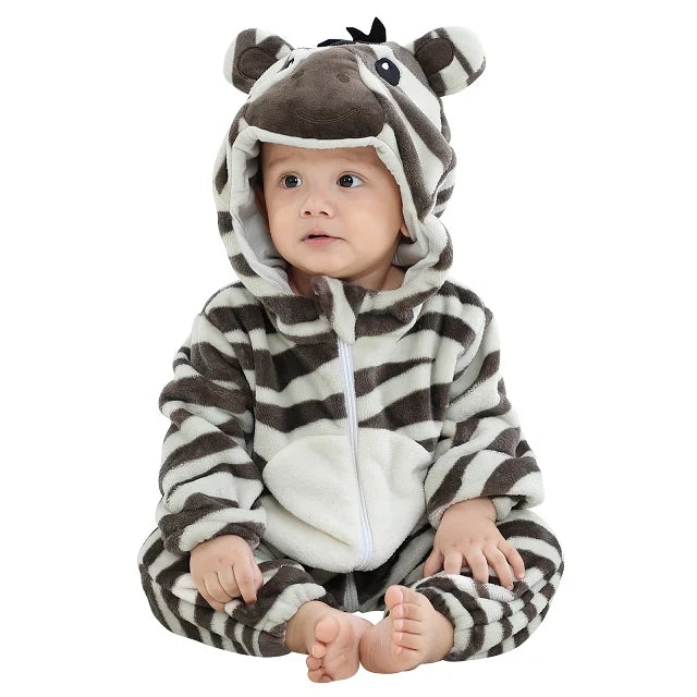 MICHLEY White Unicorn Baby Rompers Winter Clothes Costume Flannel Hooded Bodysuits Pajamas Animals Overall Jumpsuit For Kids