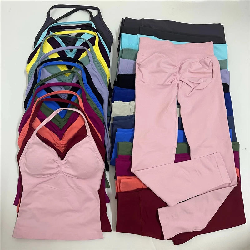 CN Womens Seamless Gym Yoga Set High Waist Leggings Top