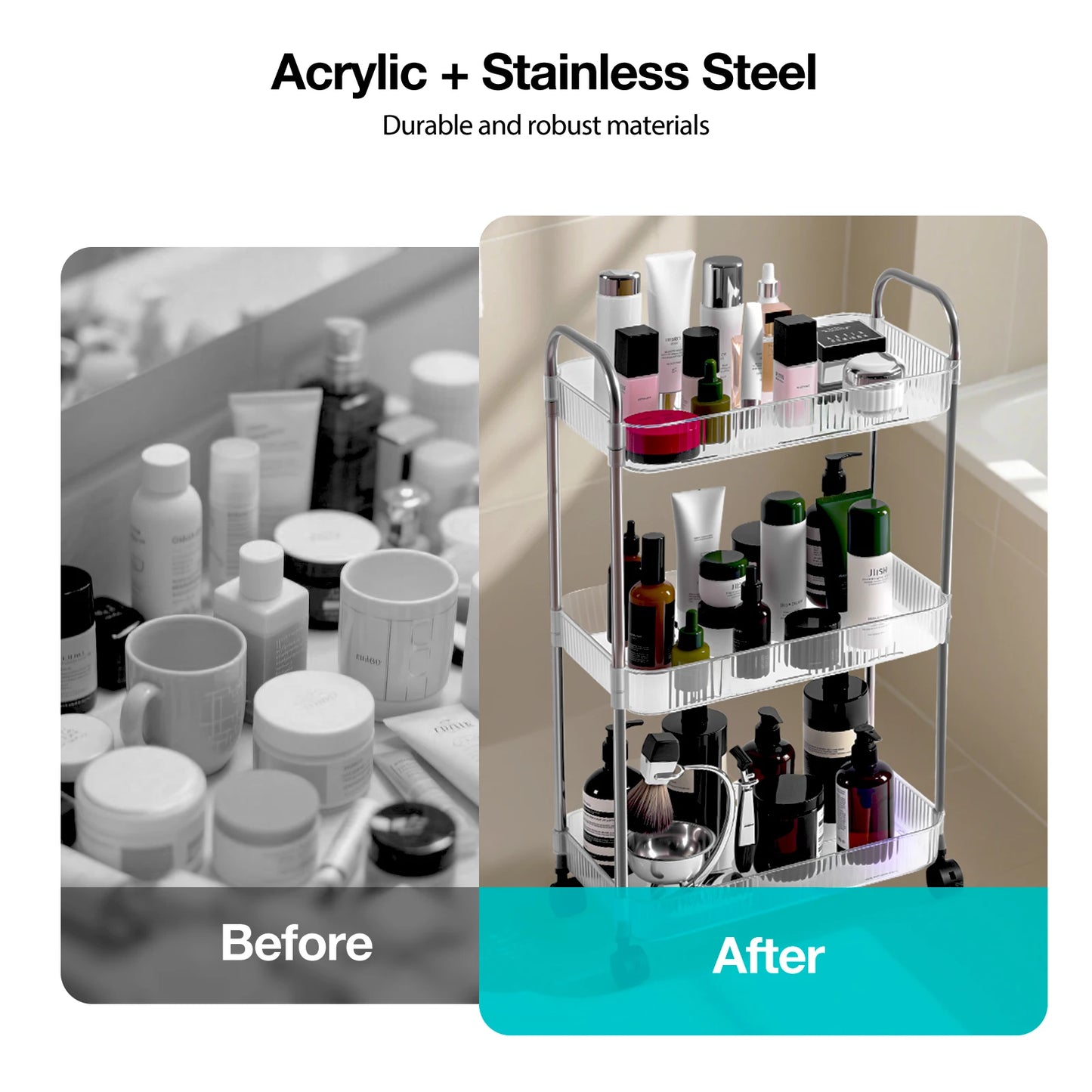 4 Tier Acrylic Shelf Organizer - Heavy Duty 50lbs Capacity & No Tools Assembly, Space Saving Storage Rack with Adjustable Laye