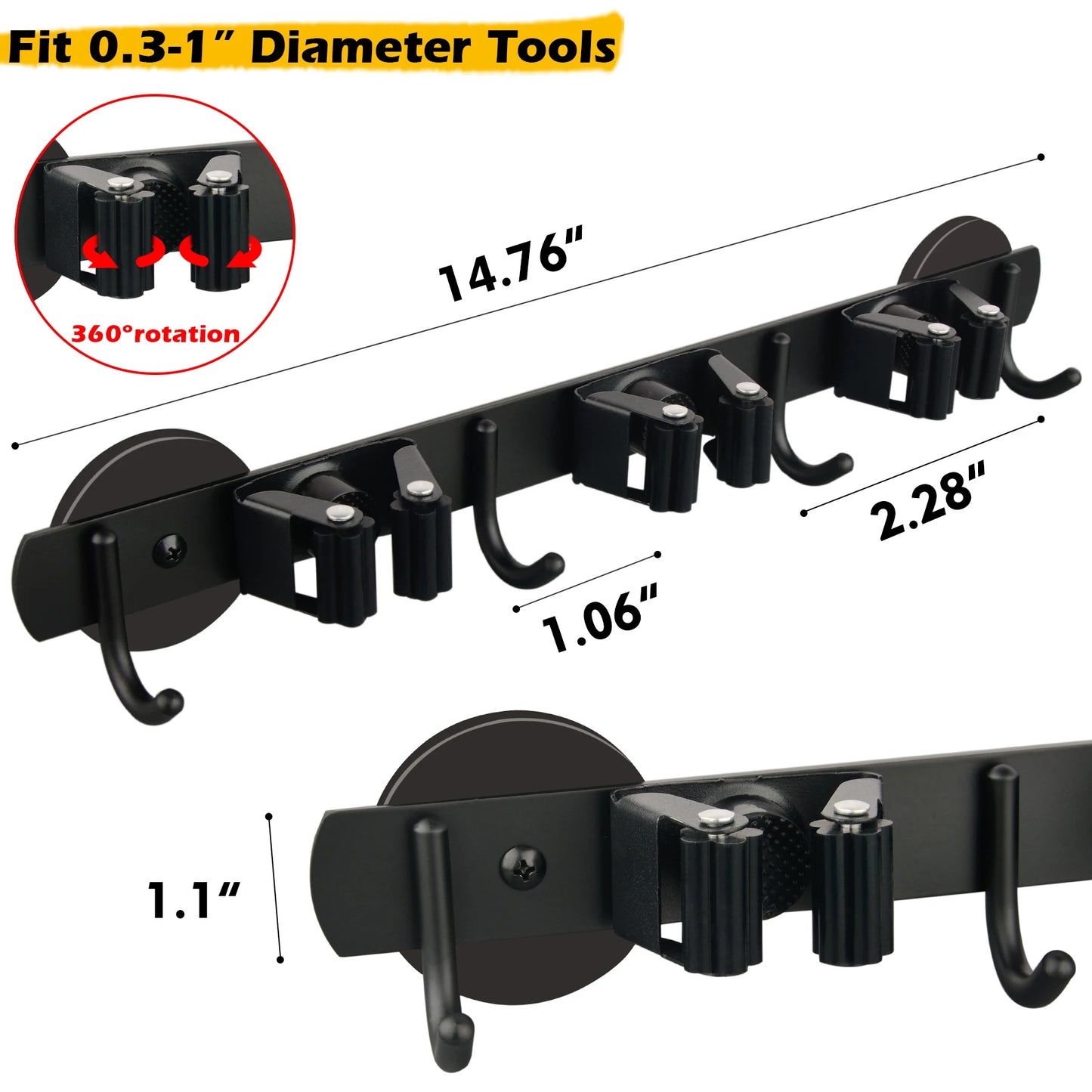 Magnetic Broom and Mop Holder Bar 3 Racks 4 Hooks Garage