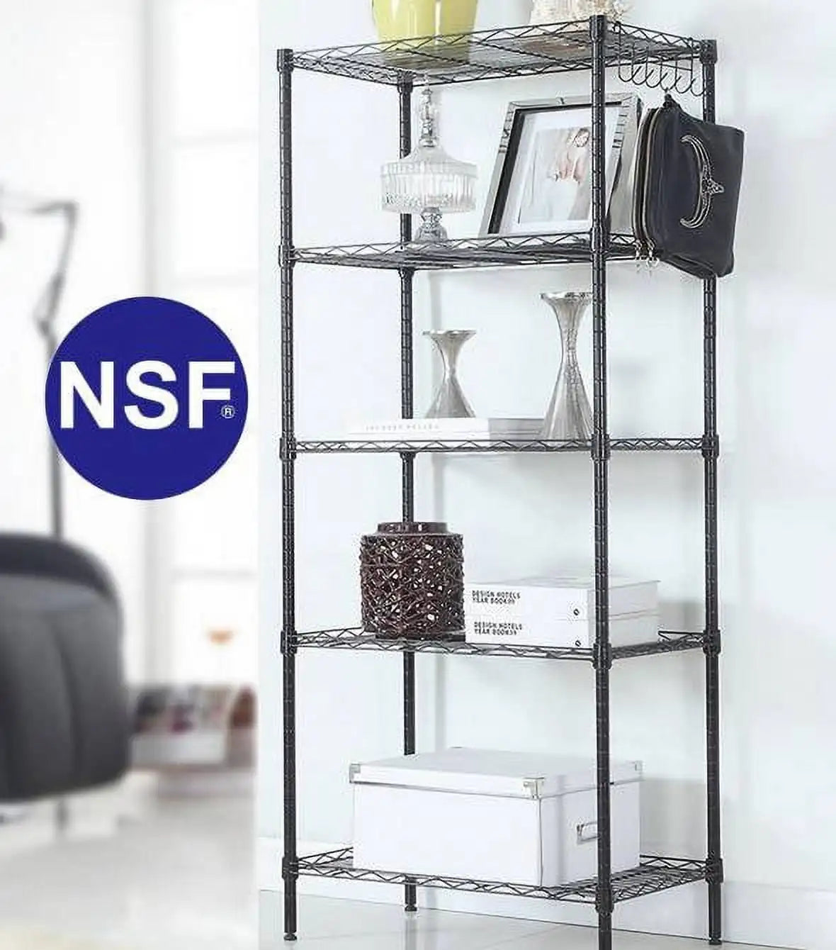5 Tier Layer 59"x21"x11.5" Storage Rack, Wire Shelving Adjustable Steel Storage Rack Organizer Kitchen, Black