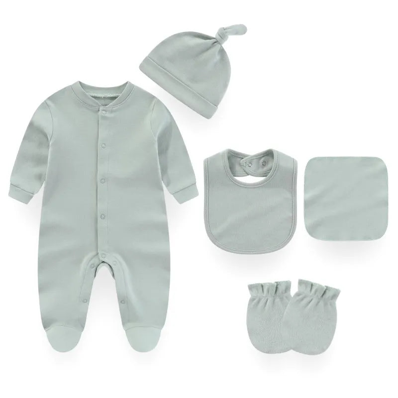 7 Colors Solid Unisex Baby Boy Girl Romper+Burp Cloth+Bib+Hats+Gloves Baby Clothing Sets
