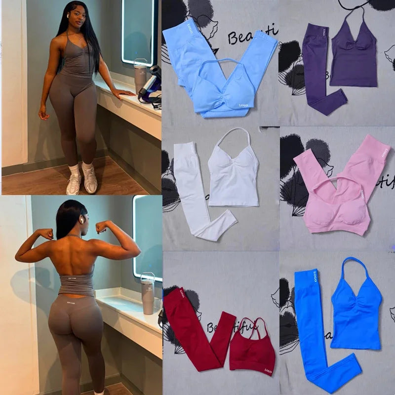 CN Womens Seamless Gym Yoga Set High Waist Leggings Top